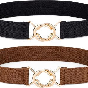 maikun 2 Pack Elastic Belts Women, Ladies Waist Belt for Dress with Fashion Gold Buckle for Jeans Dresses