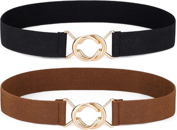maikun 2 Pack Elastic Belts Women, Ladies Waist Belt for Dress with Fashion Gold Buckle for Jeans Dresses