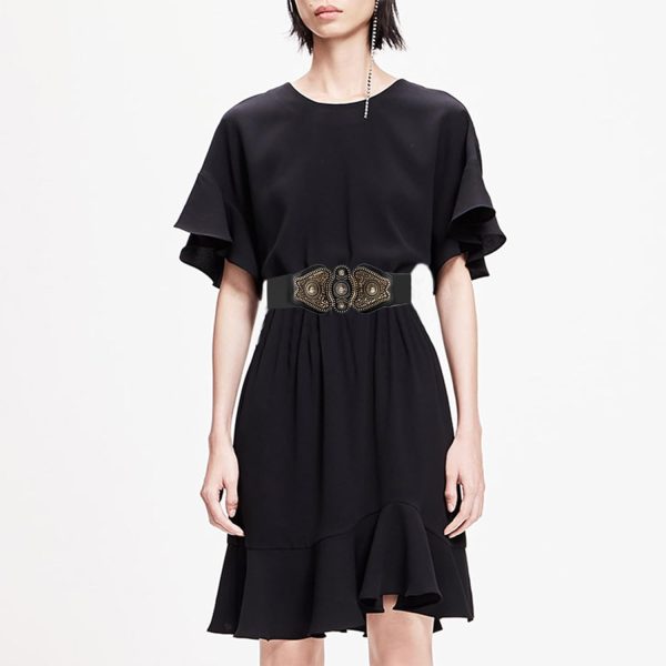 maikun Women's Wide Stretch Elastic Waist Cinch Belt Fashion Vintage Metal Buckle Dress Belt - Image 2