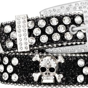 maikun Rhinestone Skull Belt for Men Women, Bling Western Studded Y2K Leather Belt