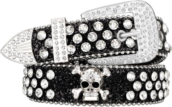 maikun Rhinestone Skull Belt for Men Women, Bling Western Studded Y2K Leather Belt