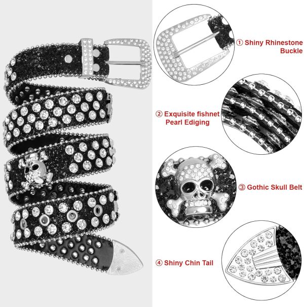 maikun Rhinestone Skull Belt for Men Women, Bling Western Studded Y2K Leather Belt - Image 5