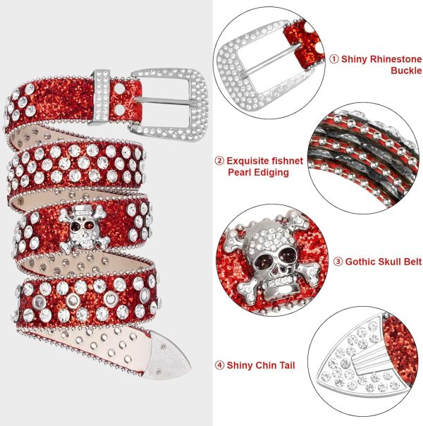maikun Rhinestone Skull Belt for Men Women, Bling Western Studded Y2K Leather Belt - Image 10