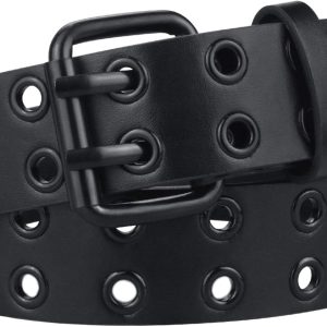 maikun Grommet Leather Belts for Men, Mens Black Studded Belt, Womens Punk Accessories