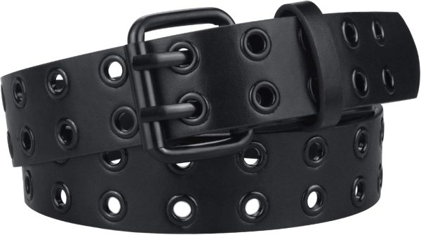 maikun Grommet Leather Belts for Men, Mens Black Studded Belt, Womens Punk Accessories