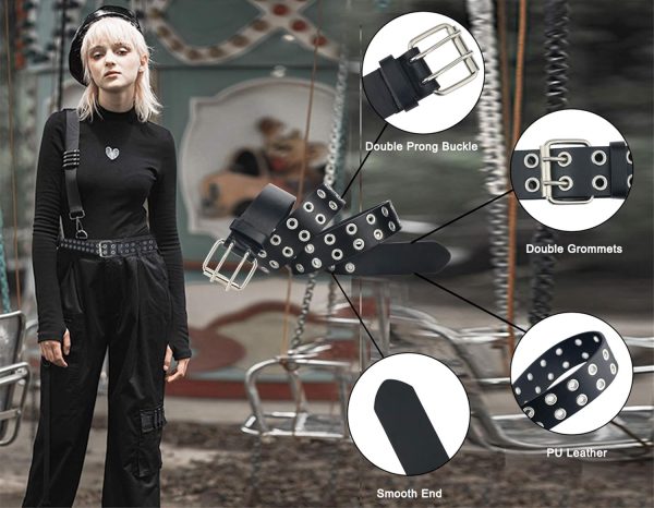 maikun Grommet Leather Belts for Men, Mens Black Studded Belt, Womens Punk Accessories - Image 4