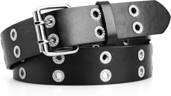 maikun Grommet Leather Belts for Men, Mens Black Studded Belt, Womens Punk Accessories - Image 8