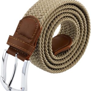 maikun Belts For Men, Canvas Elastic Belt, Mens Belts Leather Tip, Khaki, for 42''and below