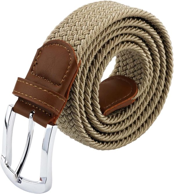 maikun Belts For Men, Canvas Elastic Belt, Mens Belts Leather Tip, Khaki, for 42''and below