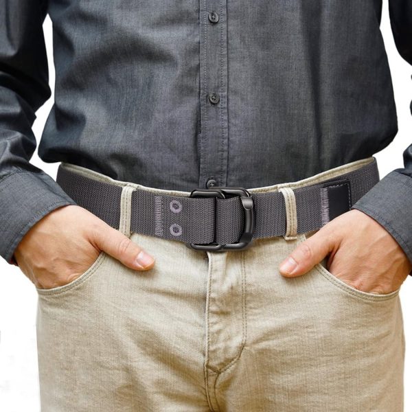 maikun Nylon Webbing Belt, Darkgrey Canvas Military Tactical Men Belt, Outdoor Doubule D-Ring Buckle for Waist Size 28-32'' - Image 2